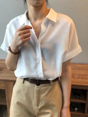 言双天丝亚麻短袖衬衫女2021夏季新款韩版纯色上衣翻领衬衣女0912